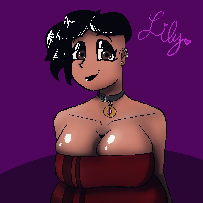 Just some lady with a side-shave/undercut. Wearing a red tube top and a collar, along with some assorted bits of ear jewelry.
This one's headmate, Lily.