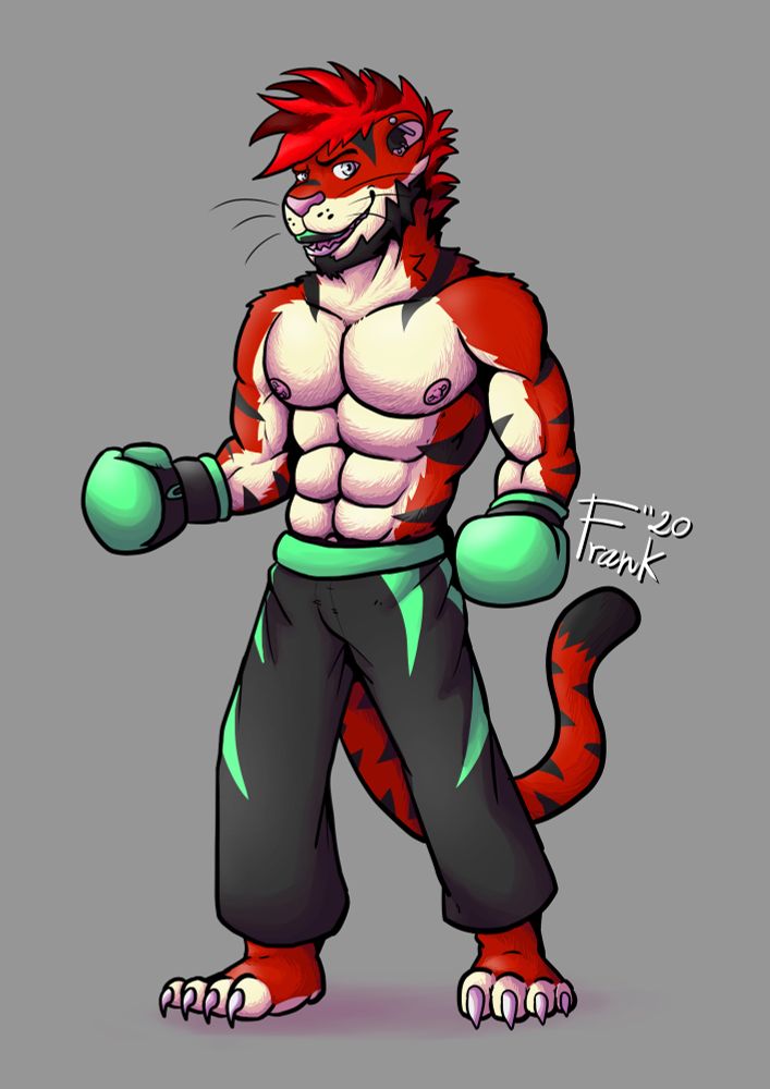 A red, anthropomorphic tiger, Nox, wearing kickboxing pants and gloves
