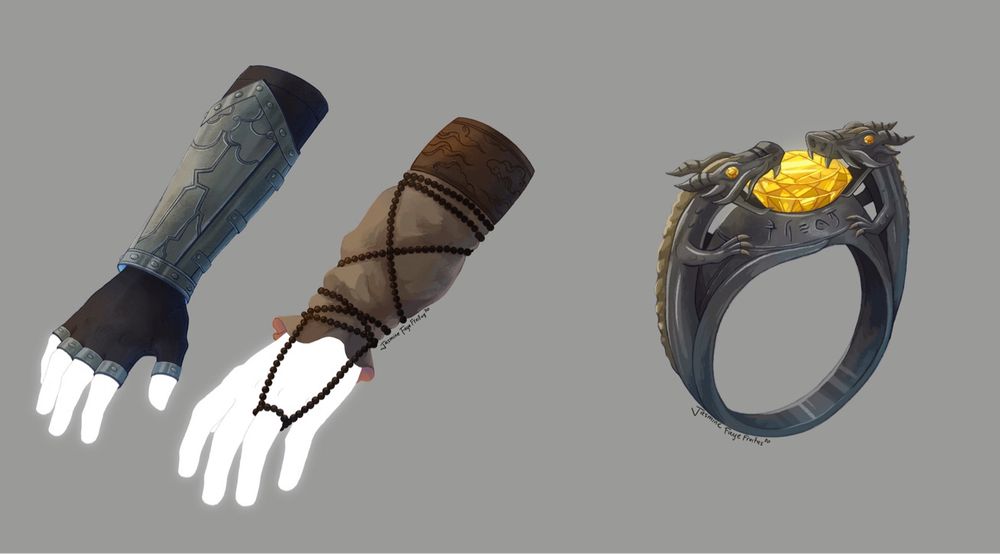 Two prop designs for d and d items. A pair of gauntlets- the right conducts electricity and the left releases strong storm winds
And a ring- the ring has a large yellow stone with a dragon on either side. There is infernal writing around the base of the stone. These were done for my brother and only those who see this alt text will know that the stone was meant to be a chaos emerald from Sonic and the writting says “chaos control”
