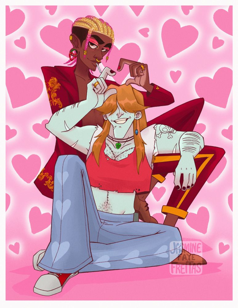 Kurt and Biggs posing in valentines outfits making a heart with their hands 