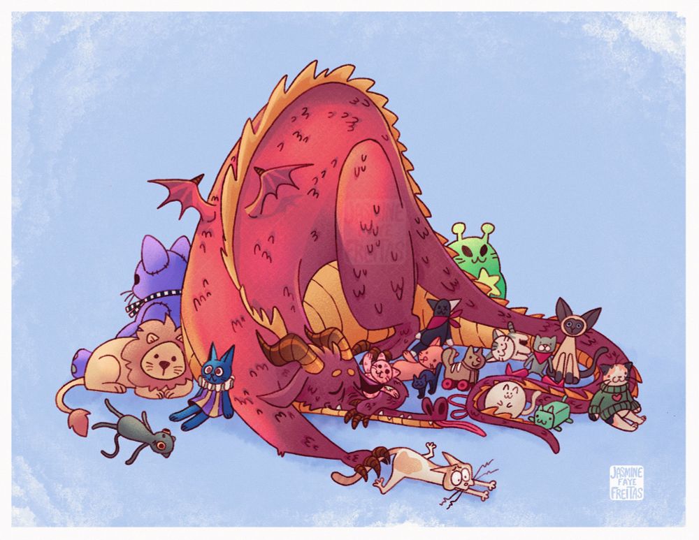 A sleeping dragon surrounded by toy cats and one live cat that is desperately trying to get away from cuddling with the dragon 