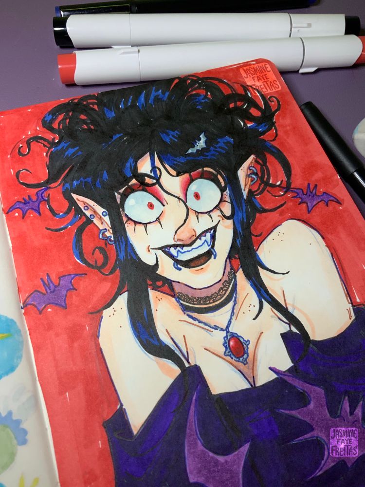 Close up of marker sketch of a vampire girl 