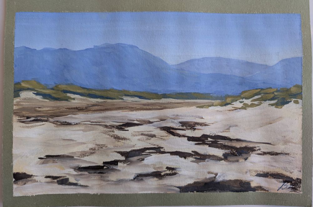 A gouache sketch of a dry tidal river waiting for the tide to come back up. Seaweed is strewn across the white sand and blue mountains sit in the background 