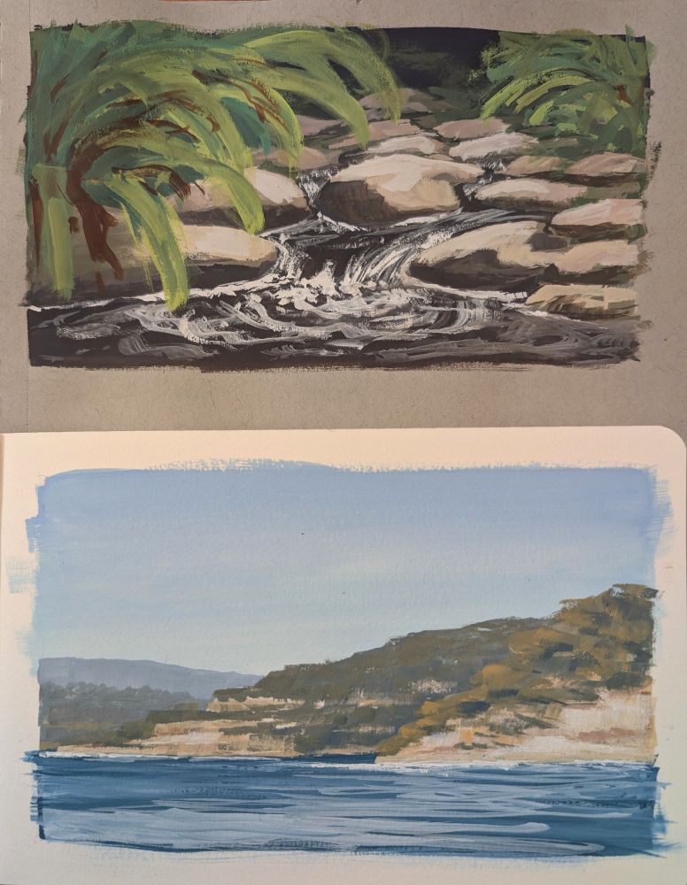 Two small gouache paintings in my sketchbooks. The top one is a tannin-rich stream running through smooth rocks and lush ferns. It was a damp chilly day so I finished that in record time! The bottom is a study on rocky sea cliffs on a crisp sunny day. 