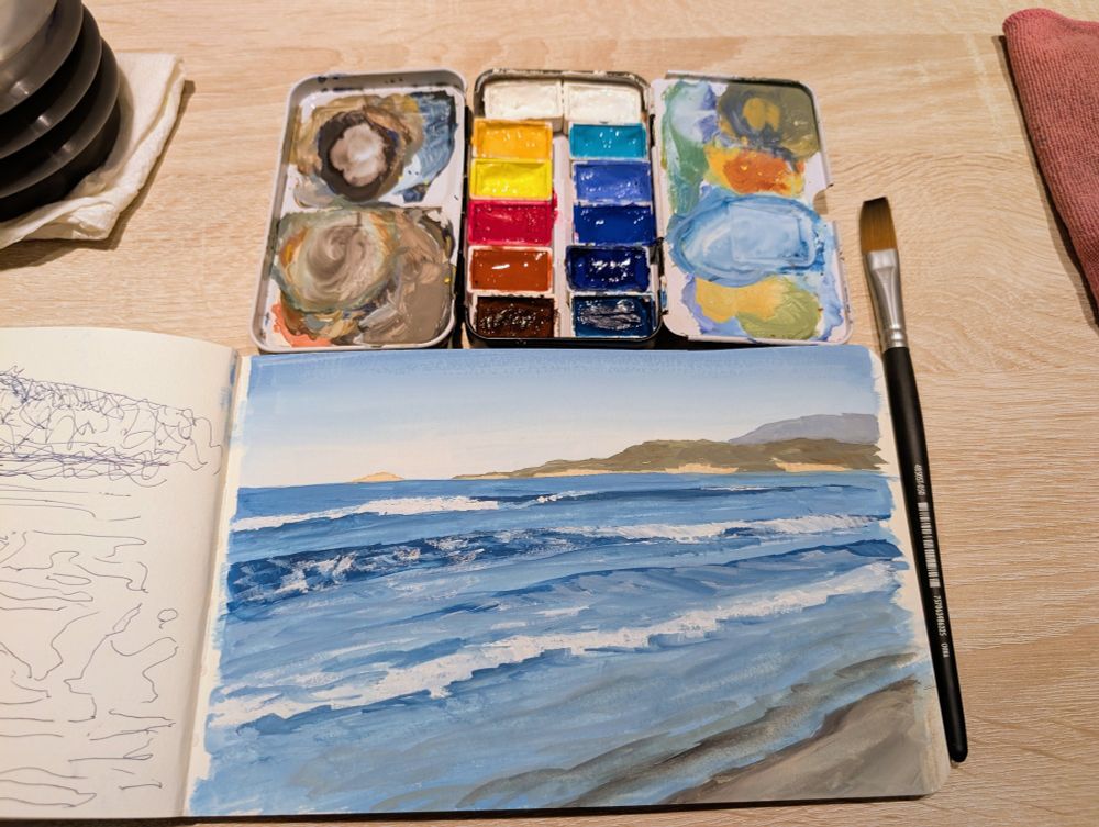 A gouache study of waves at the beach, with my little plein air palette and brush. 