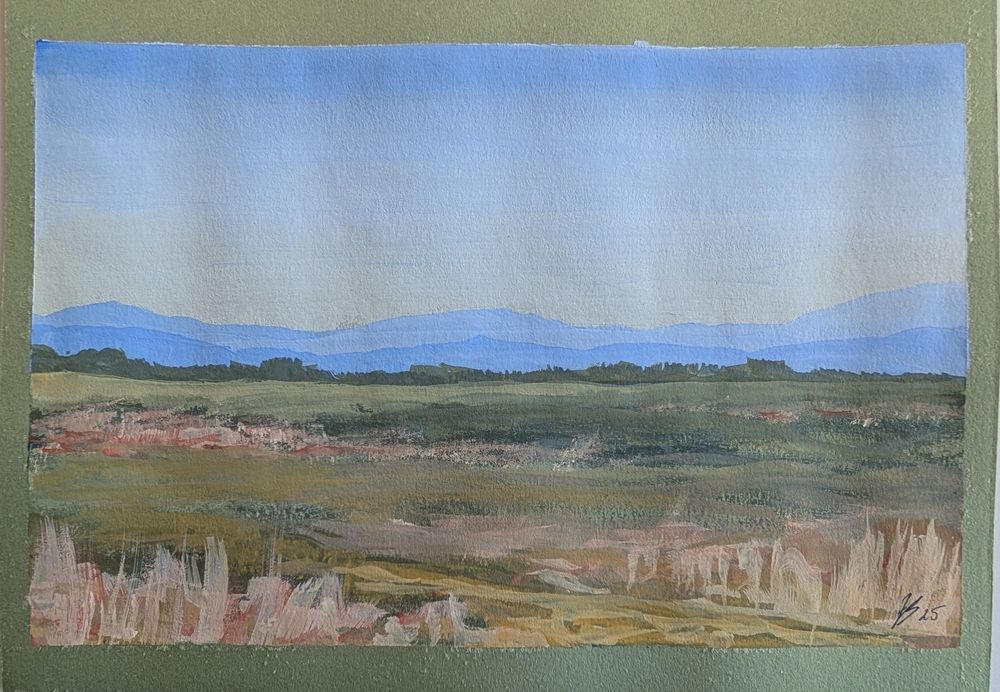 A gouache sketch of a flat open landscape with distant blue hills. I find it hard to make foregrounds interesting but not too distracting!