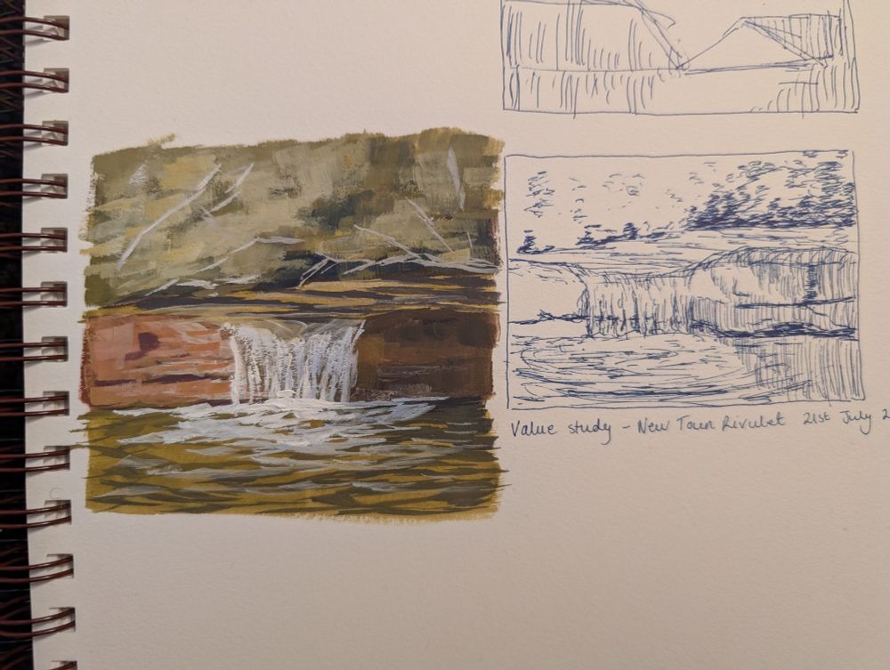 A page from a sketchbook: on the right is a small sketch of a little creek scene in blue ink. On the left is a colour study of the same scene with red rocks and green reflections in the water. I'm planning to do a larger, more finished piece based on these sketches 