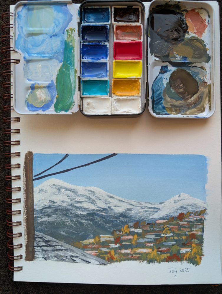 A small gouache study of a snow capped mountain sitting behind a house covered hill with autumn leaves still hanging on and adding pops of bright red and yellow. And I decided to add the roof top and power lines in the foreground to give more depth to the scene 
