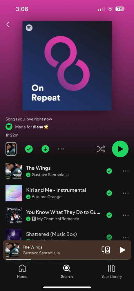 a picture of my on repeat playlist on spotify where it shows the wings by gustavo santaolalla from the brokeback mountain ost as my number 1 song on repeat recently