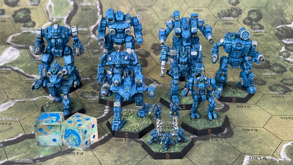 Gargoyle, Regent, Warhammer IIC, Summoner, Hellion, Hammerhead, Grendel, Coyotl, Piranha, and Elemental miniatures painted blue with light grey accents. A pair of Clan Sea Fox dice sit near them.