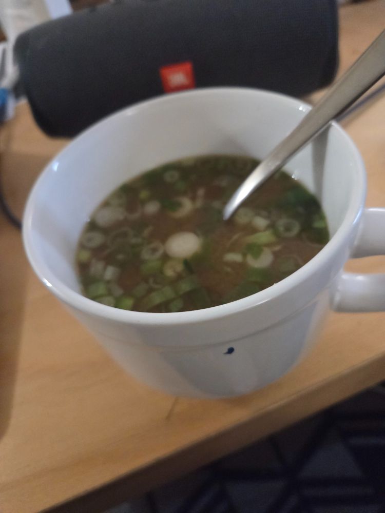 A slightly blurry photo of a bowl of miso soup with green onions floating in it.