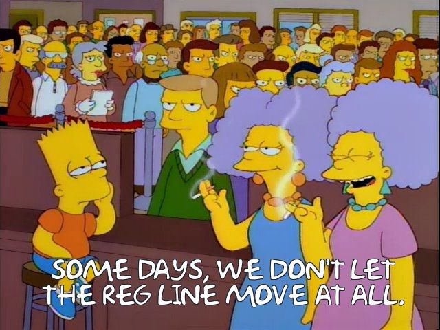 Patty and Selma at work at the DMV with the caption " Some days, we don't let the reg line move at all"