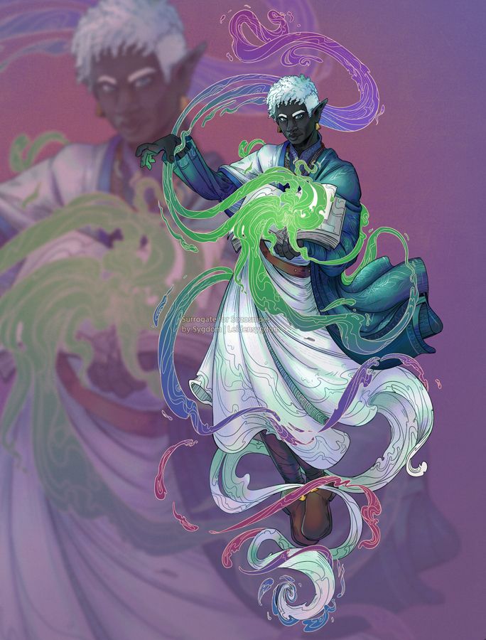 A digital illustration featuring a fullbody character. He is a drow wizard, with dark grey skin, 4B hair and blue eyes. He is casting a spell from a spellbook, which is causing a lot of swirls that wrap around him. He wears white and blue clothing with patterns all around, and he has a gentle smile.