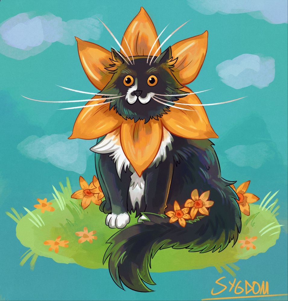 A digital illustration of a cat on a grass patch. The cat is a fluffy  tuxedo domestic longhair with yellow eyes. It has enormous whiskers and is wearing a daffodil-shaped collar. There are daffodils scattered around the floor.
