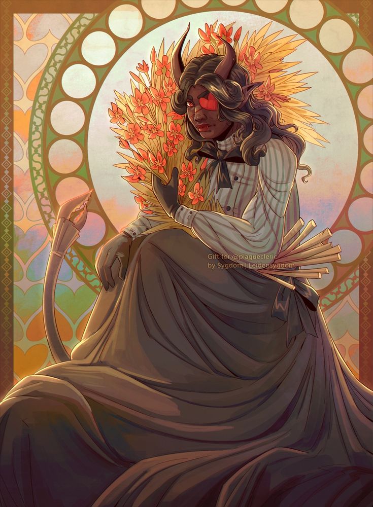 A digital illustration featuring a tiefling character over a background with a sort of Art Nouveau vibe to it. The character is a dark brown-skinned tiefling, with two horns pointed upwards and black curly hair, as well as one red eye with the other covered by a heart-shaped eyepatch. She is wearing a striped blouse and a long black skirt, which drapes around the floor. She is holding a bouquet of oleander, while smiling at the viewer, maybe with dubious intentions. The picture's colors are warm.