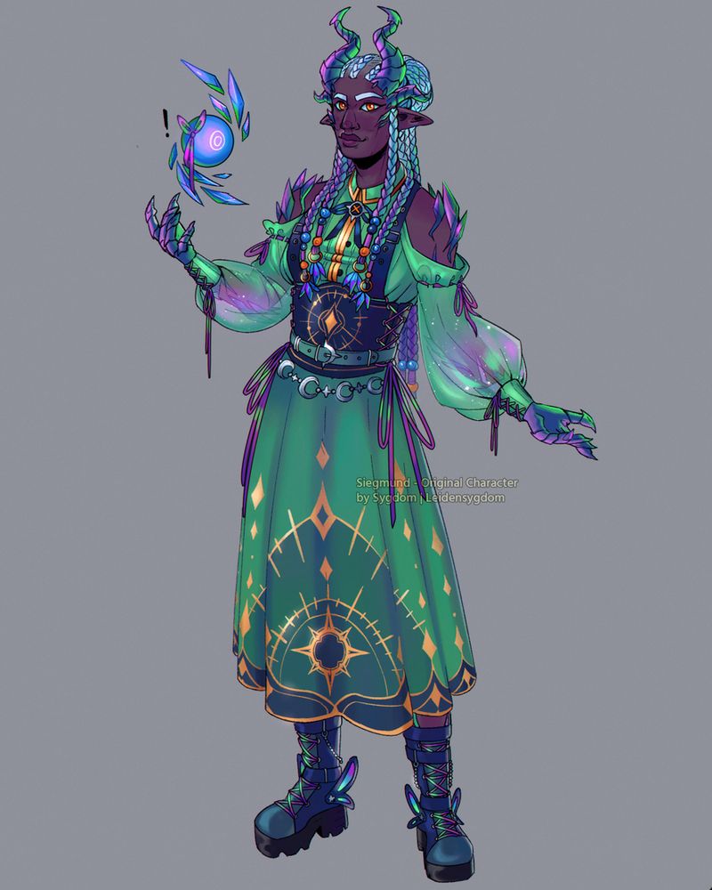 A digital illustration featuring a fullbody character over a plain grey background. The character is a tiefling / earth genasi, with horns and spikes across their body made of titanium quartz. Their skin is of a dark warm purple tone, and their pointed ears are slightly downwards. Their hair is arranged in box braids, with an iridescent sheen to them. Their eyes are orange. He has clawed hands. He is wearing an ornate medium length dress in teal, blue, purple and golden tones, with starry motifs. An orb is floating near him.