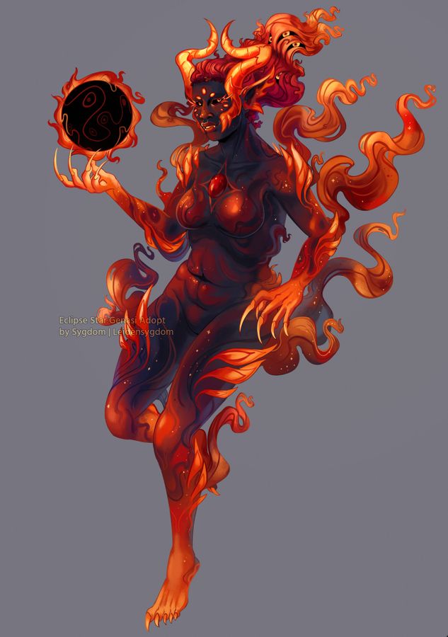 A digital illustration featuring a painted fullbody character over a flat grey background. The character is made of a nebulous matter, with black skin that becomes orange towards the limbs, with few crystalline spikes and horns across the body. They have a fiery mane with eyes in them. They are holding an eclipse-like spell in one hand. They are smiling towards the camera.
