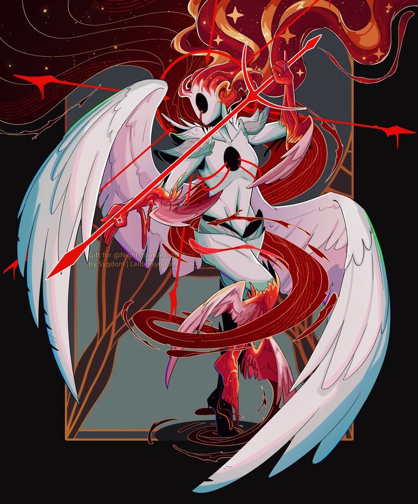 A digital illustration featuring a fullbody character over an ornate background. The figure is a strange celestial with no facial features, with a hole on its chest and on their face. They have a mane of crimson liquid and golden strands flowing upwards. They have multiple wings: Two large ones on the back, and four smaller ones on the arms and legs. Their arms and legs are covered in red goop. They are holding a stylized sword, while red liquid flows around them, framing the picture.