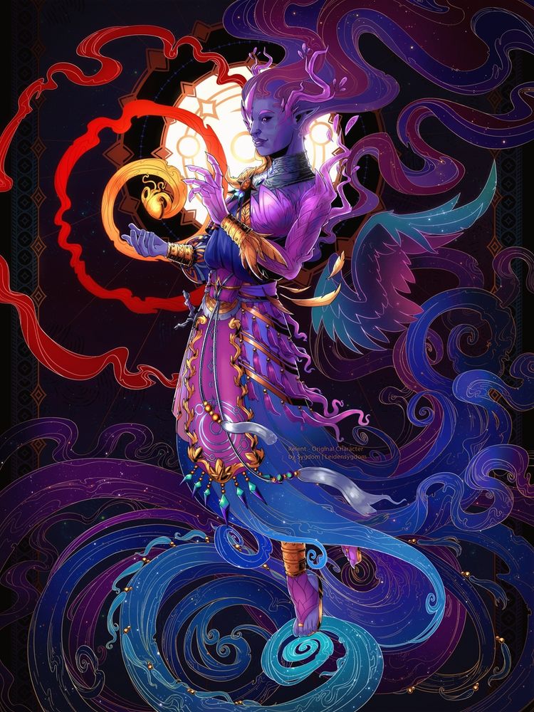 A digital illustration featuring a fullbody character over an ornate background. The illustration is made in linearted style. The colors span from warm oranges, to reds, purples, blues and teals. There are multiple swirls framing the picture. The character is a blue-skinned, pointy-eared, purple-eyed genasi. He has crystals growing on his body, and has a mane made of smoke. He is wearing an ornate tunic that fades into swirls. He's holding a swirling orange heart that turns red on the edges.