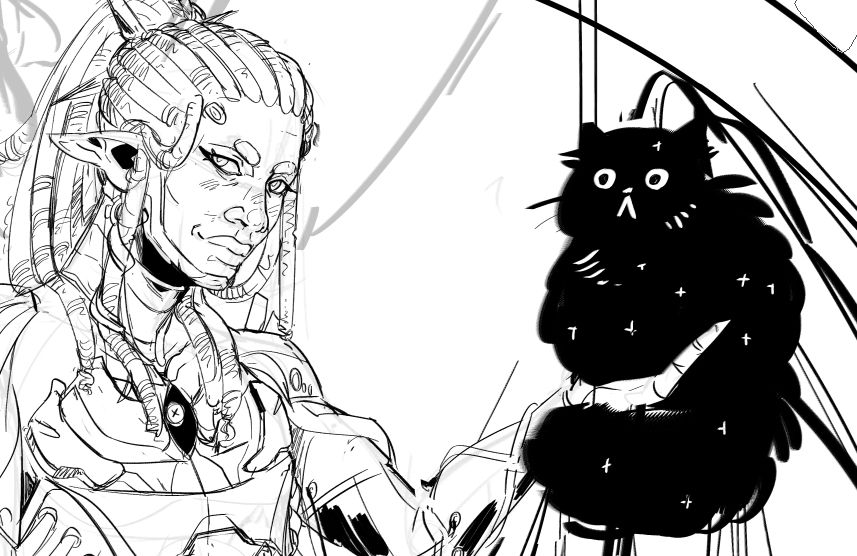 A sketch of someone holding a big fluffy black cat