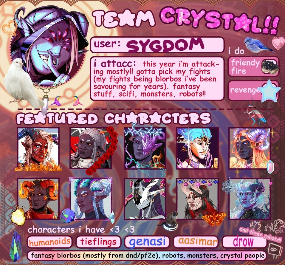 A blingee-style gif of someone's artfight card, featuring ten different characters. There are multiple random gifs with crystals, birds, explosions and bugs.