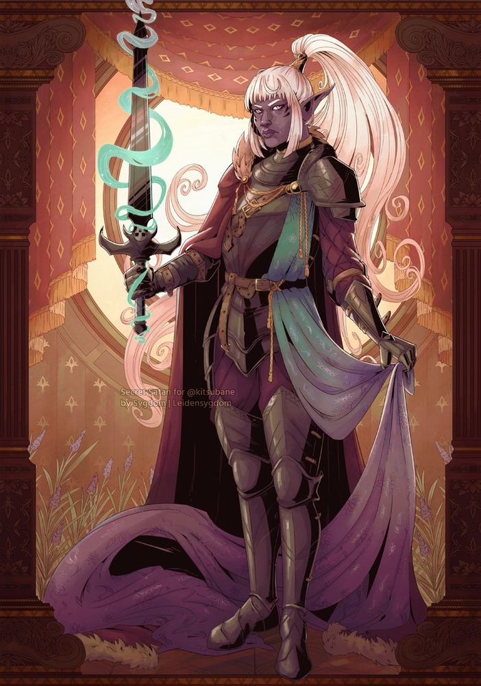 A digital illustration featuring a fullbody character, standing in an ornated background with a flat perspective with an elaborate border in the form of two columns. The character is a drow (a type of elf) with dark purple skin and white hair, and light purple eyes. She has the hair arranged in a big ponytail, with bangs and sidebangs. She is wearing a full armor in a dark metallic color, and holding a stylized sword with a small skull and teal smoke wrapping it. She is holding a patterned cloth, that wraps around her. The entire drawing is rendered in a soft style and has warm tones, with ornate details both in the character and background.