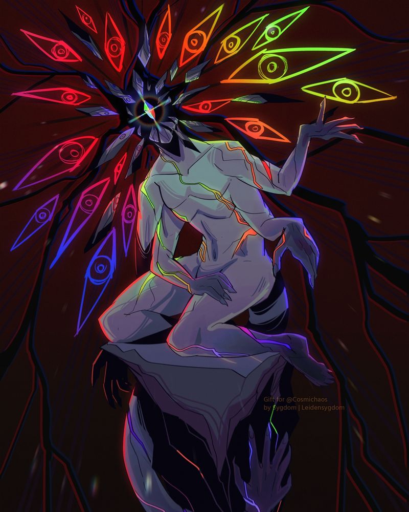 A digital illustration featuring a four-armed creature in grey tones. His head is cracked open in a bunch of rock shards, with a glowing gem in the middle. It has multiple glowing veins across its body, and a tail that ends in a hand. A myriad of eyes in RGB colors fan around it's head. The drawing is made in dark tones, with most of it being grey and black, except for the eyes and glowing veins.