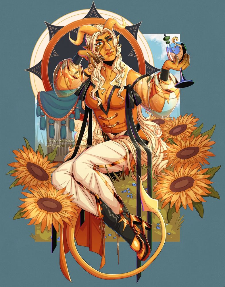 A digital illustration featuring a fullbody character over a framed scenic background. The character is a yellow tiefling, with two horns curling backwards, white-blondeish hair, and blue and golden eyes. She has a calm smile and is holding a glass of wine with olive oil and olives. She is wearing an outfit in white, black and golden tones. There are sunflowers framing her, a small marble column and a grass field she is sitting on, with a sun-like shape framing her on the back.
