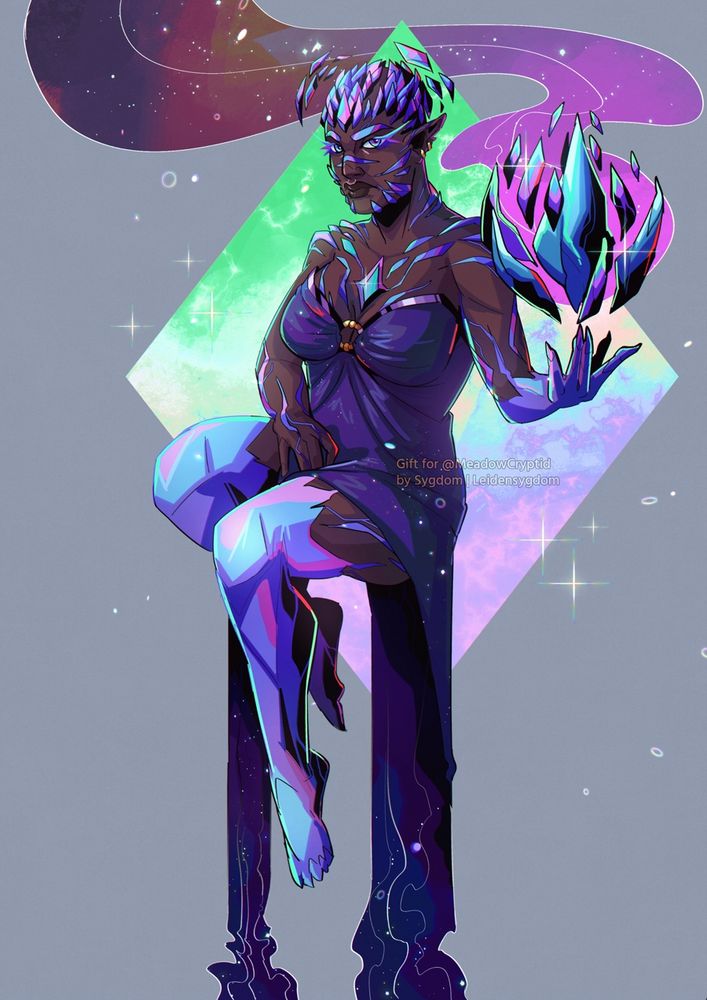 A digital illustration featuring a fullbody character over a plain grey background, with a colorful rhombus. The character is a crystalline person with dark brown skin full of iridescent veins, that shift from blue to purple. Her hair is made of short spiky crystals, and she's holding a crystal too. She is wearing a purple dress. Her bodytype is curvy. She's sitting in the air.