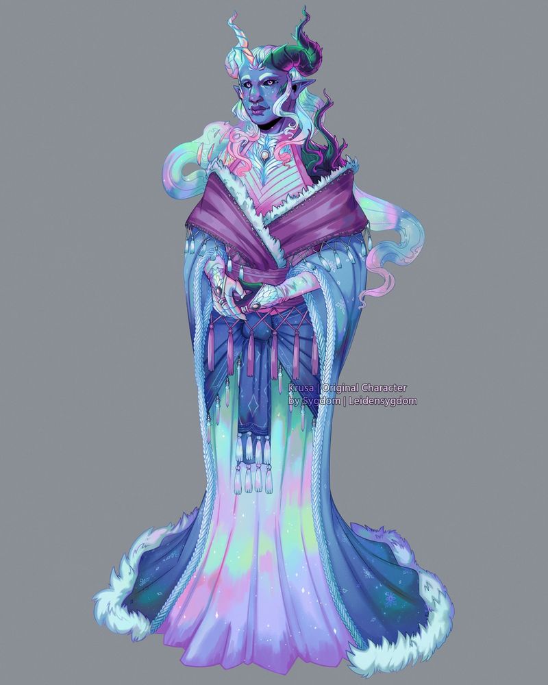 This is a digital illustration depicting a fullbody character. They are an earth / air genasi, with bright blue skin with pinkish iridiscence, opalescent crystals across their limbs, horns, and smoky colorful hair. One of their arms and horn is made of iridescent black metal. They are wearing an iridescent dress, with a fluffy chal with tassels all over the place. They have a mantle wrapped around their arms, which cascades towards the floor.