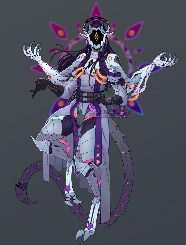 A digital illustration featuring a fullbody character over a plain dark grey background. The character is a four-armed robot with four arms, a large tail ended in a stringer, and digitigrade legs. The head has a panel with a vertical eye, as well as horns and a halo. He has pointed ears. One set of arms is unclothed and has clawed hands, the other is wearing gloves. Their colors are mostly whites and greys. They are wearing a coat.