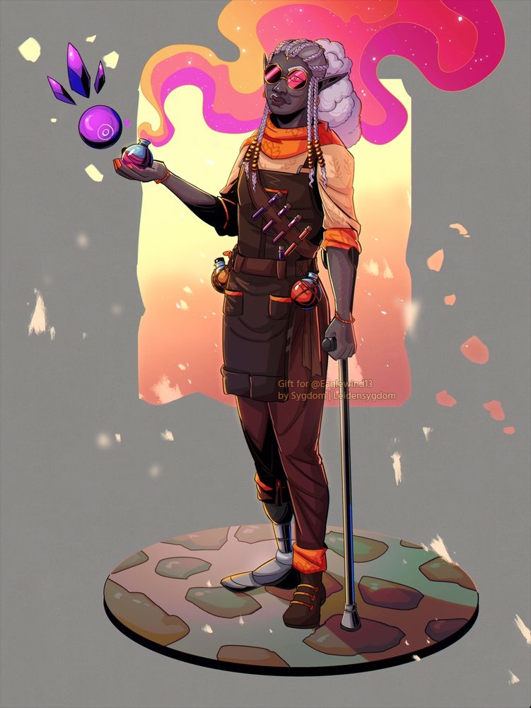 A digital illustration featuring a fullbody character over a grey background, with a stone floor and a sunset-colored rectangle. They character is a grey skinned drow with coily hair, arranged in braids on the sides and a puff on the back. The character is wearing round salmon glasses, and is wearing an apron with several potions. She is smiling while holding a potion smoking in sunset colors. There is an orb watching the suspiciously orbular potion flask. She is holding a crutch with her other hand.