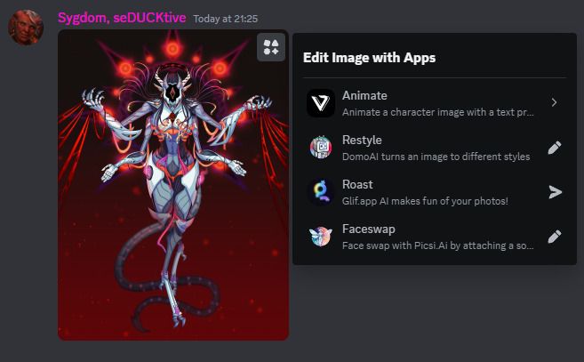 An image that shows a Discord screenshot, where a digital illustration posted on the desktop site has an icon on the corner. When clicked, it displays four different AI apps, that let you "modify" the image in different ways.