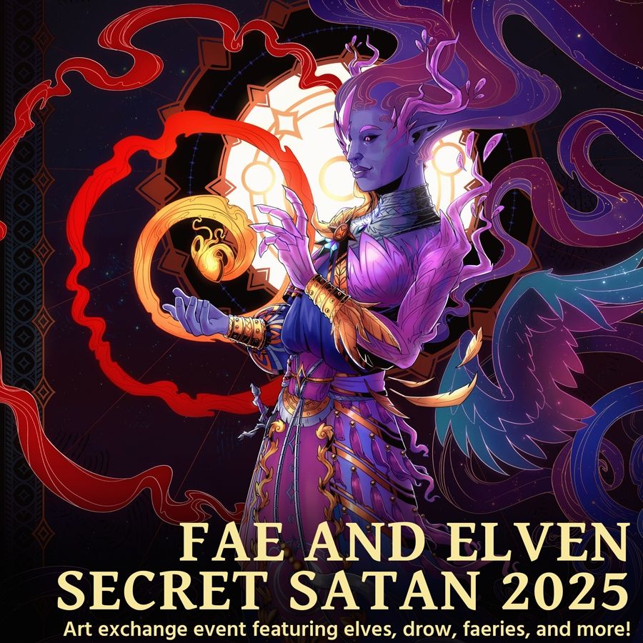 A picture with text that reads "Fae and Elven Secret Satan 2025", and below "Art exchange featuring elves, drow, faeries, and much more!". There is a digital illustration featuring a halfbody character over an ornate background. The illustration is made in linearted style. The colors span from warm oranges, to reds, purples, blues and teals. There are multiple swirls framing the picture. The character is a blue-skinned, pointy-eared, purple-eyed genasi. He has crystals growing on his body, and has a mane made of smoke. He is wearing an ornate tunic that fades into swirls. He's holding a swirling orange heart that turns red on the edges.