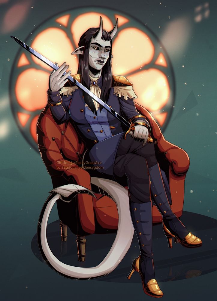 A digital illustration featuring a fullbody character sitting in a red couch. The character is a tiefling with off-white skin, long black straight hair, yellow eyes with black scleras and two horns, as well as a pointed tail with a scorpion's tip in the end. The character is wearing a fancy noble-like outfit, with a cravat and high boots with golden heels. Her legs are crossed. She is holding a rapier and looking defiantly at the viewer.
