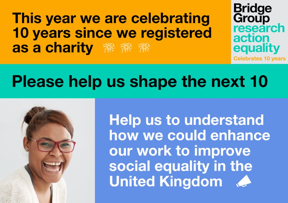 Graphic with the text: This year we are celebrating 10 years since we registered as a charity. Please help us shape the next 10. Help us to understand how we could enhance our work to improve social equality in the United Kingdom. 
