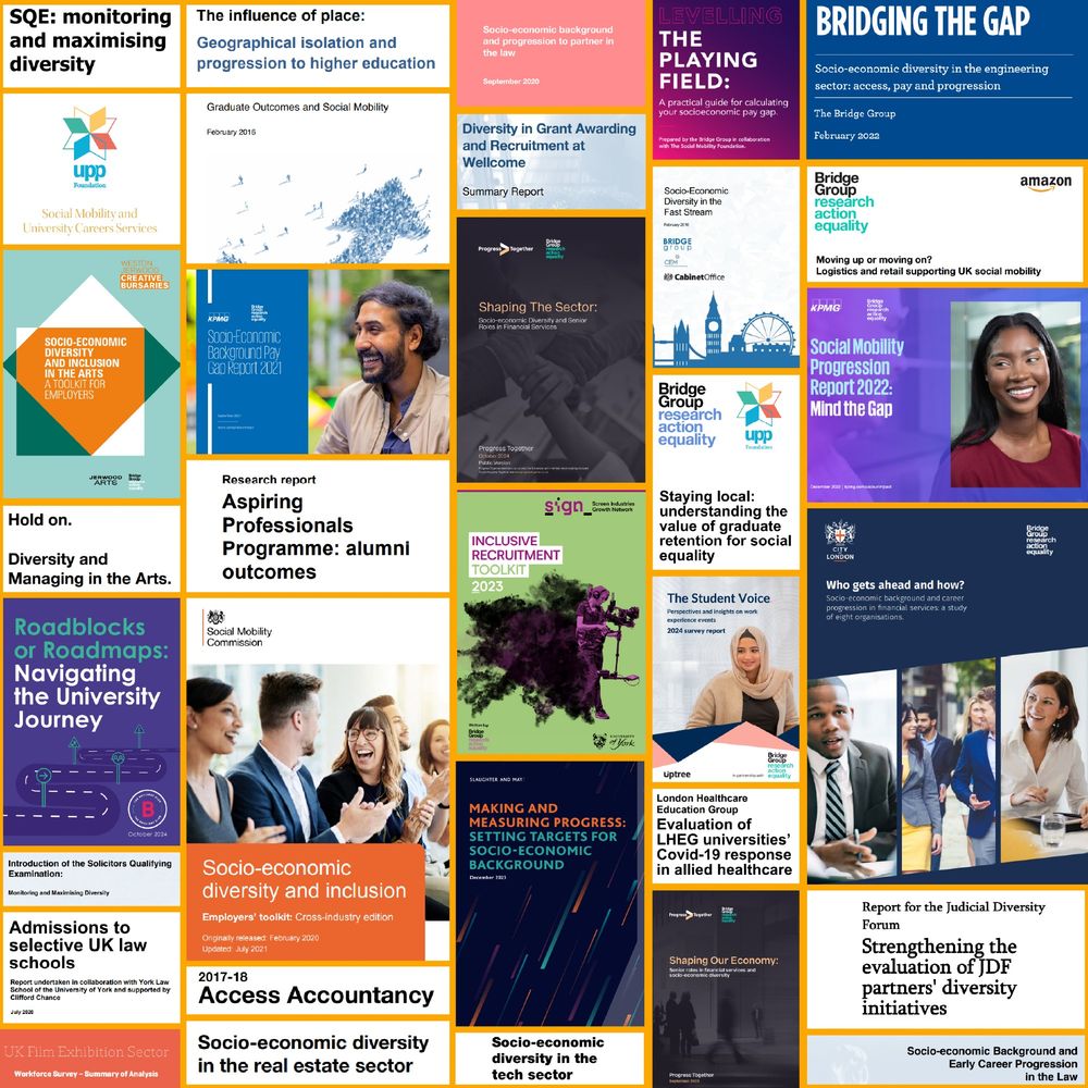 A collection of Bridge Group report covers and extracts of report covers
