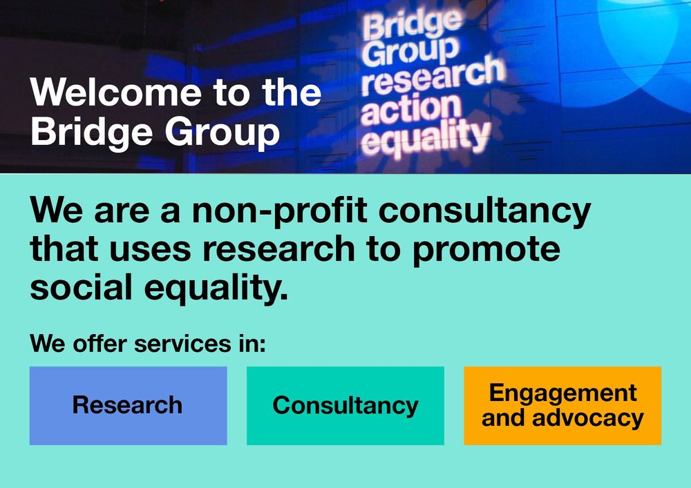 Graphic with the text: Welcome to the Bridge Group. We are a non-profit consultancy that uses research to promote social equality. We offer services in (1) Research, (2) Consultancy, and (3) Engagement and advocacy.