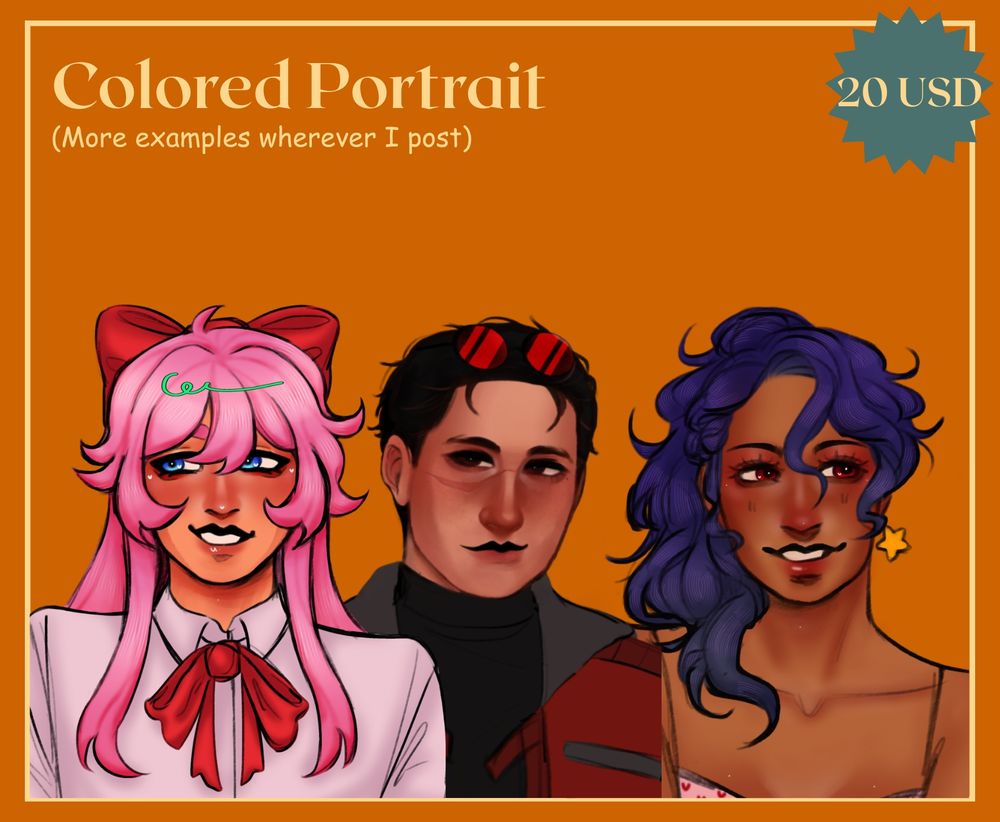 Next slide. Text reads "Colored Portrait (More examples wherever I post). 20 USD." Three examples of drawn and rendered character portraits are shown. 
