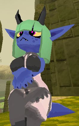 Picture of my character (a blue imp with green hair with long black pointy horns) wearing a worn robe in the ATLYSS demo