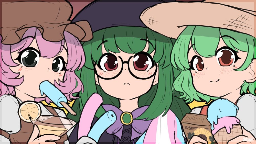 A pink-haired night sparrow with a blue popsicle in her mouth, holding a glass of lemonade; to the right of her is a green-haired bunny girl witch holding pink & blue pool noodles in one hand, and the transgender flag in the other hand, and a light green-haired gardener holding a packet of sunflower seeds in one hand and two scoops of blue and pink ice cream in the other hand.