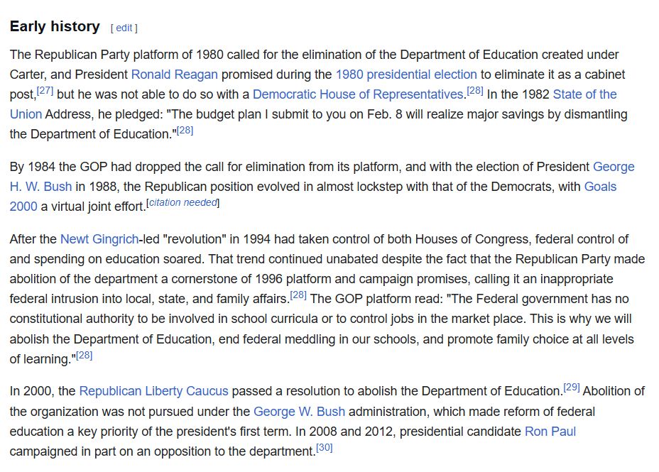 Wikipedia entry - history of US Dept of Education