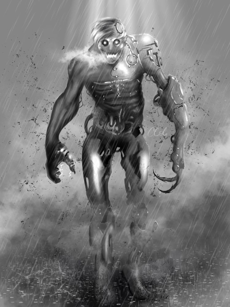 Half human half machine in the rain. Black and white artwork. 