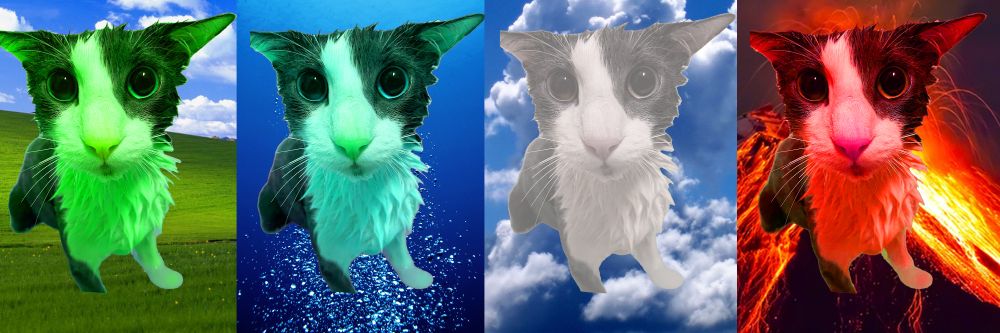 the 4 elements; ground, water, air, and fire with soggycat overlayed onto them