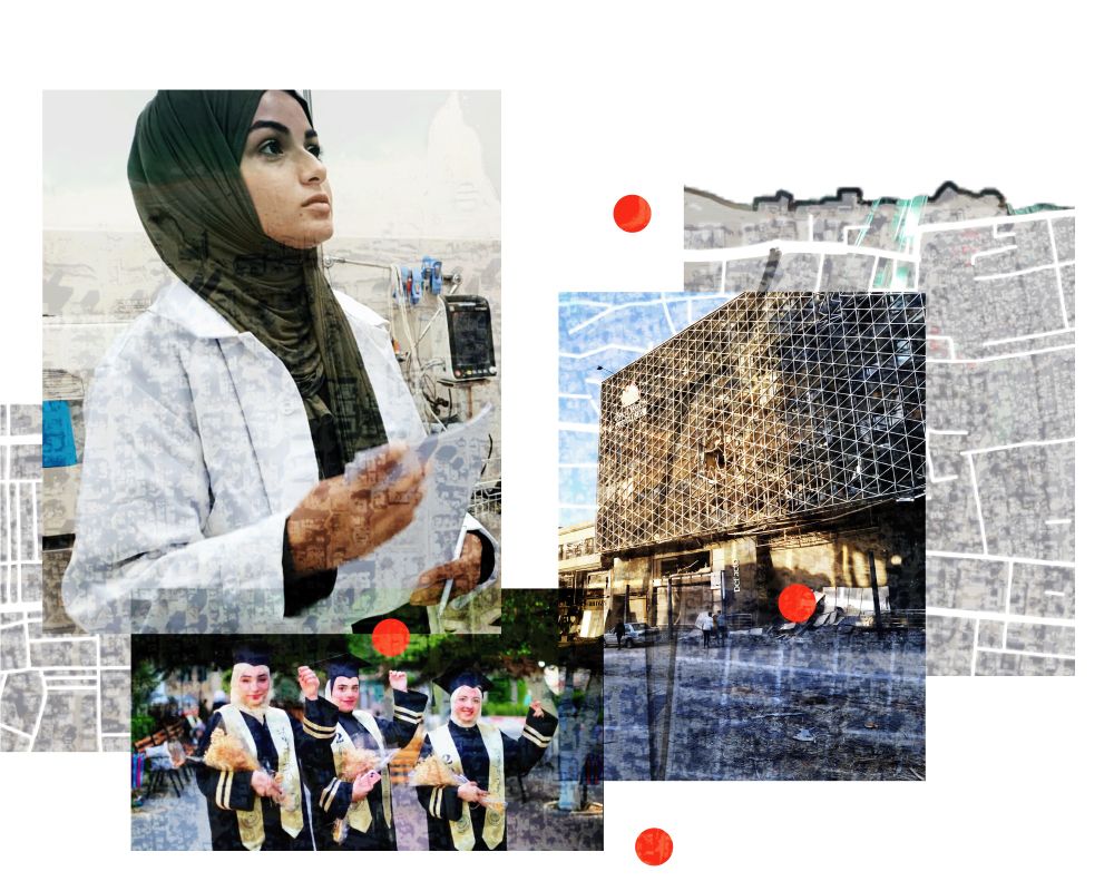 A collage showing a streetmap of Gaza City in the background, with snapshots of a medical student, university graduates and a damaged shopping centre.