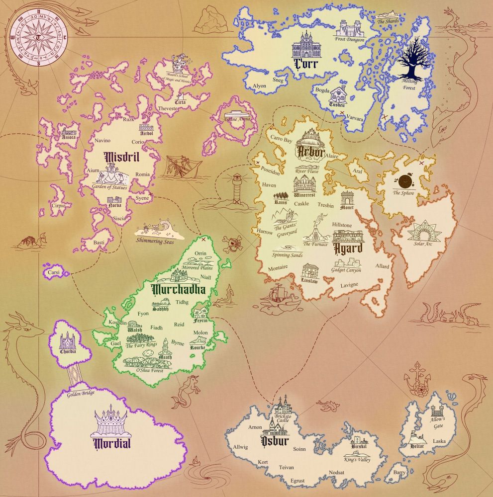 A large map of 7 nations, there's a lot of sea creatures and different land marks on it!