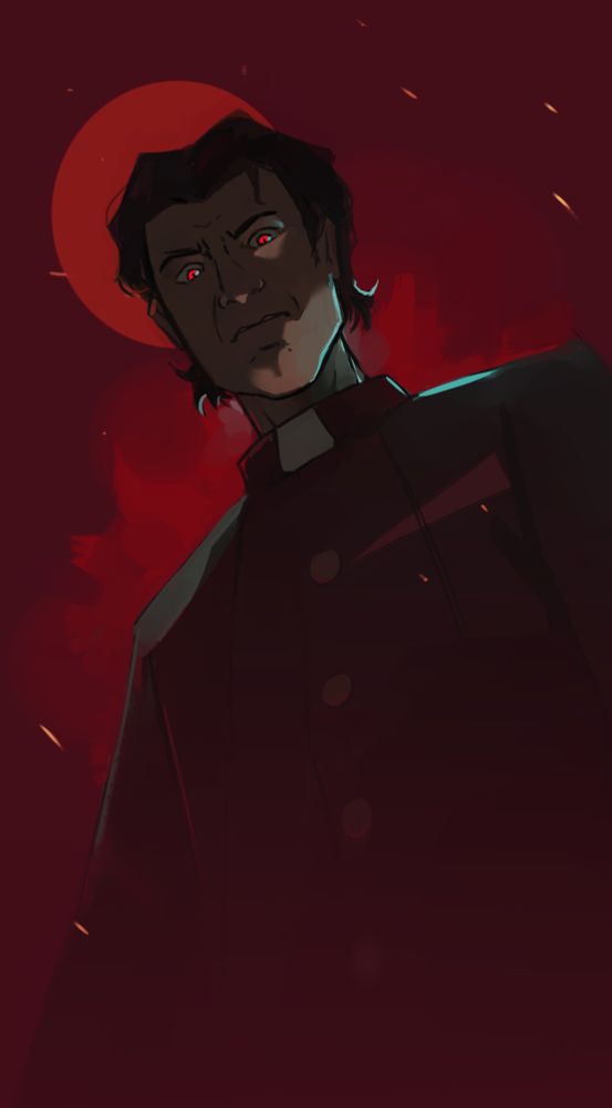 a painting of father paul from midnight mass. It is bright red with his eyes lit.