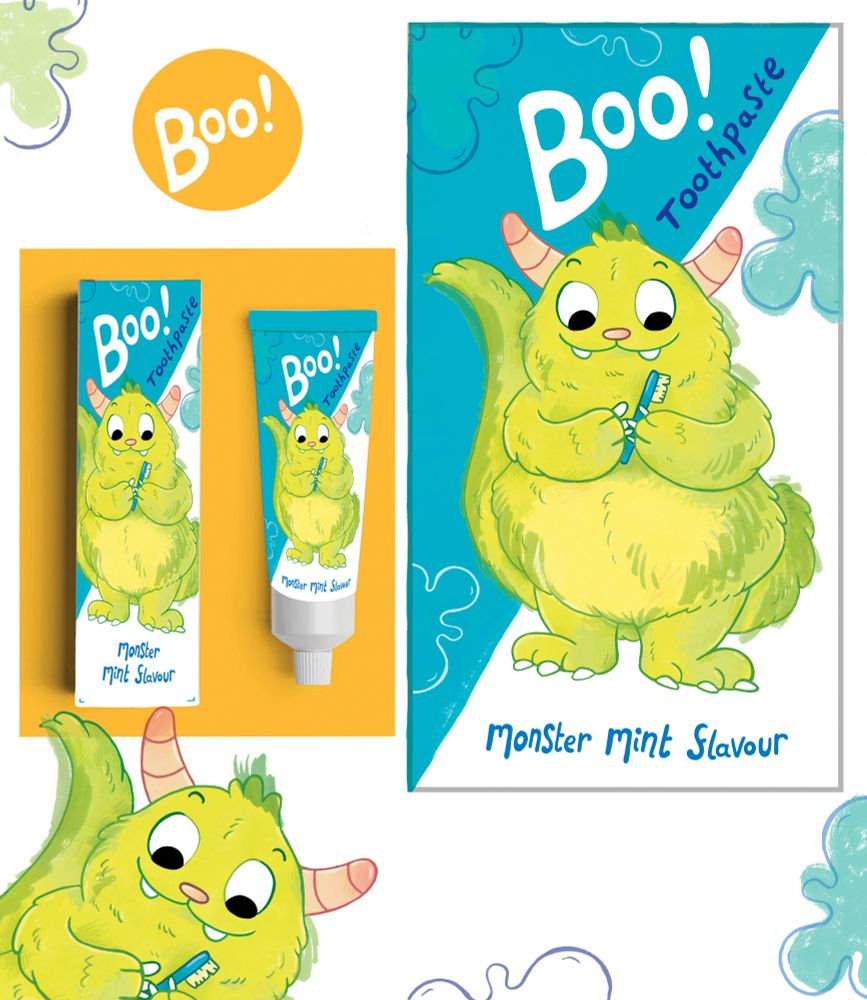 A mockup of a fictional toothpaste brand called ‘Boo!’, which has a monster on toothpaste tube and has toothpaste squirted patterns. By Grace Sandford 