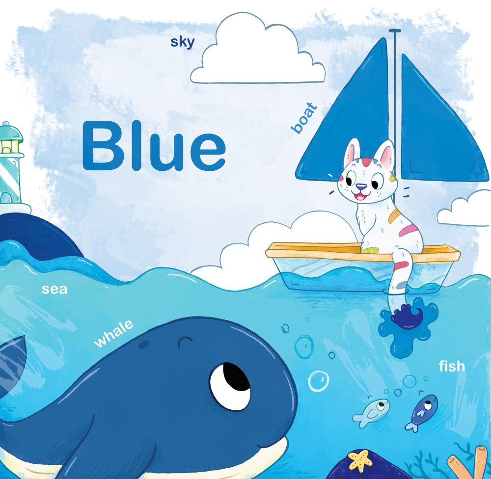 An board book illustration of a cat with a paintbrush for a tail, spilling blue into into the ocean. You can find blue things on the page such as a whale, fish, boat and the sky. Illustration by Grace Sandford. 