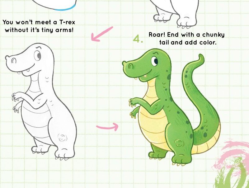 A section from ‘You Can Doodle Anything’, a how to draw book by Grace Sandford. Features two illustrations, one of an incomplete drawing of a trex and one of a completely finished trex in colour. 